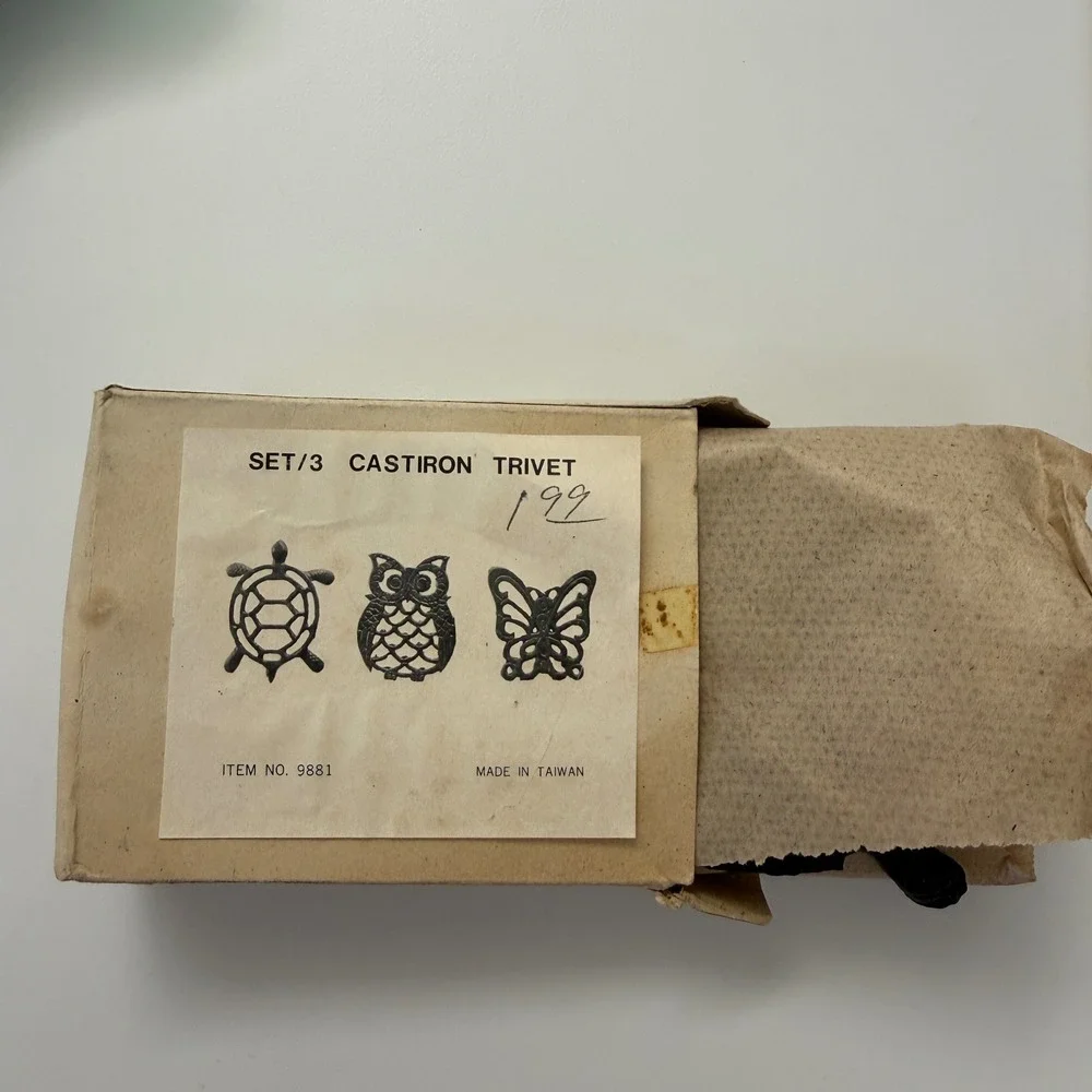 Vintage 1970s Cast Iron Trivet Set – Turtle Owl Butterfly – Made in Taiwan – NOS